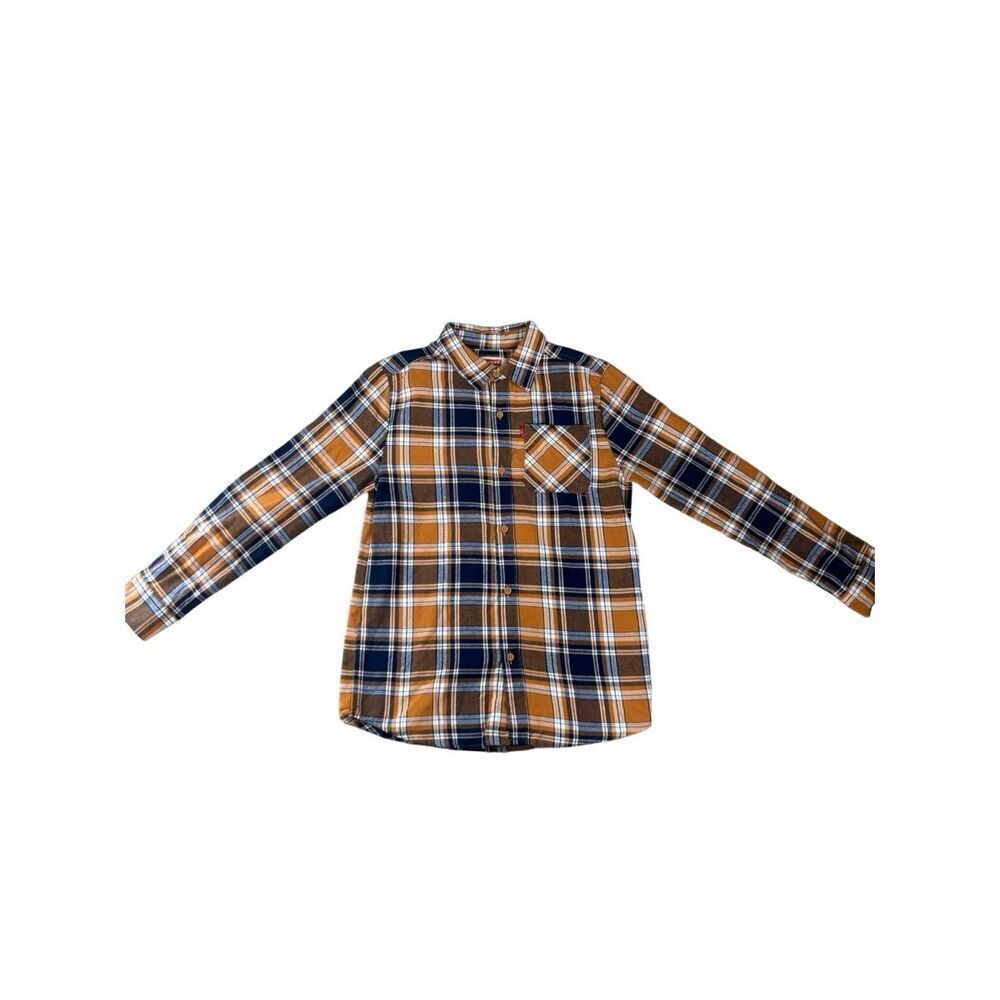 Levi’s Plaid Flannel Button Front Shirt Brown Navy Long Sleeve Size Youth L / Wo